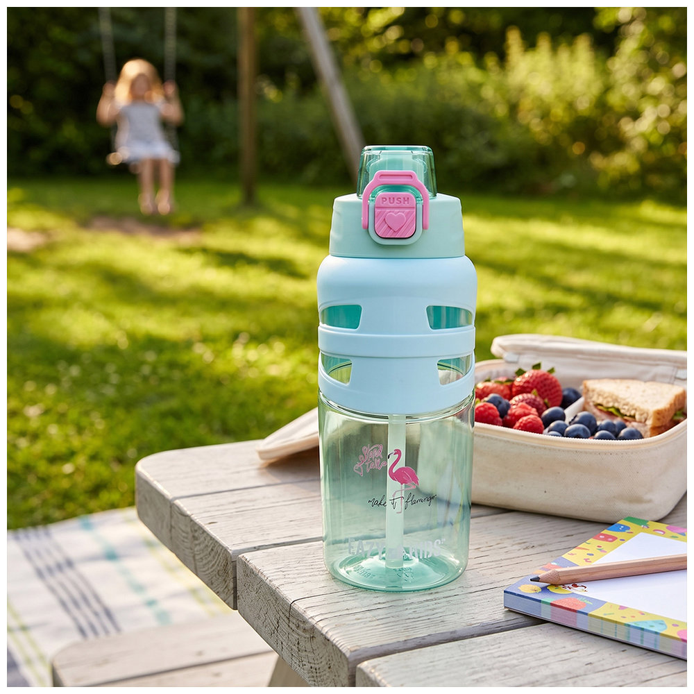 Eazy Kids - Flip Top Spout And Straw Water Bottle - Flamingo Aqua - 750 ml