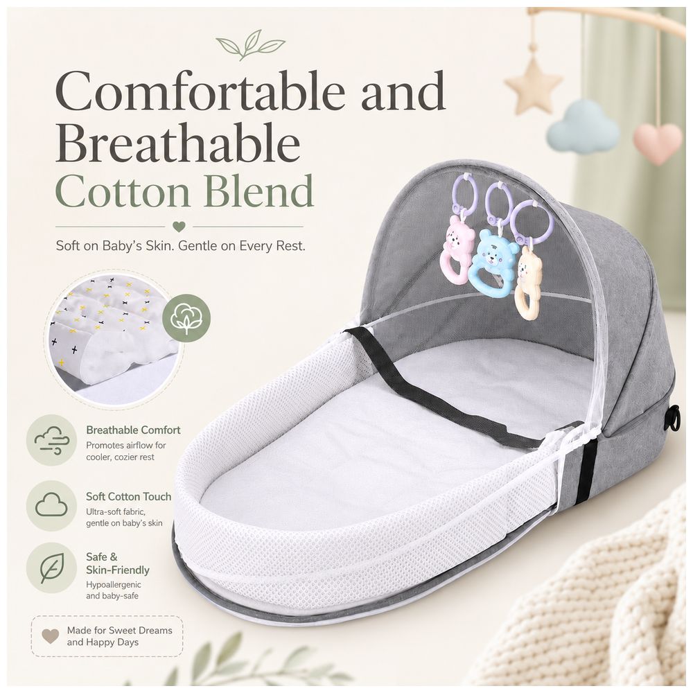 Bumble & Bird - 2-in-1 Foldable Baby Nest & Travel Bag with Mosquito Net – Grey