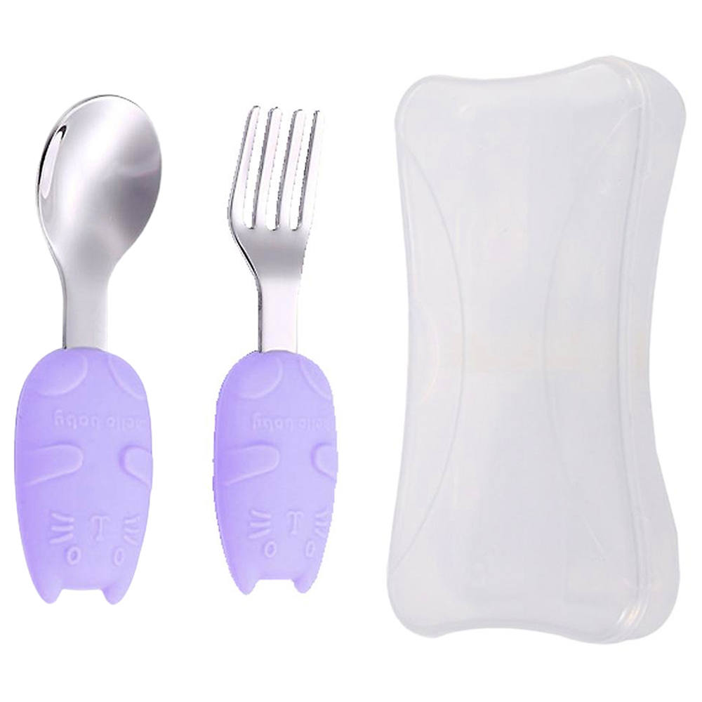 Brain Giggles - Kitty Short Silicone Handle Cutlery Set With Case - Purple