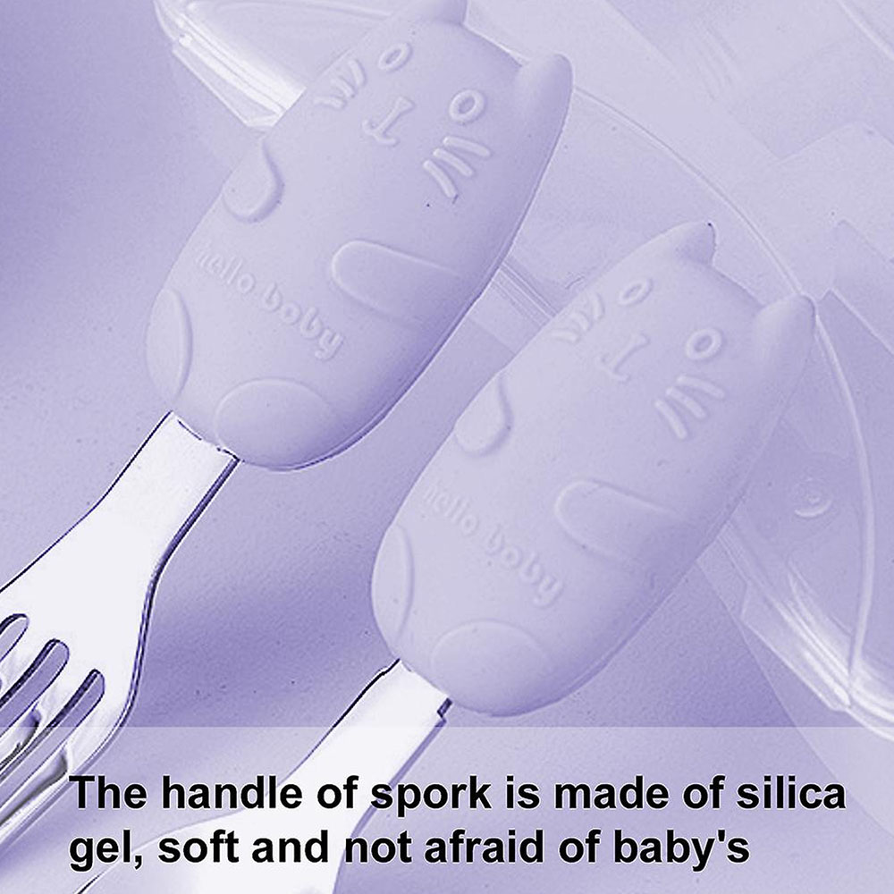 Brain Giggles - Kitty Short Silicone Handle Cutlery Set With Case - Purple