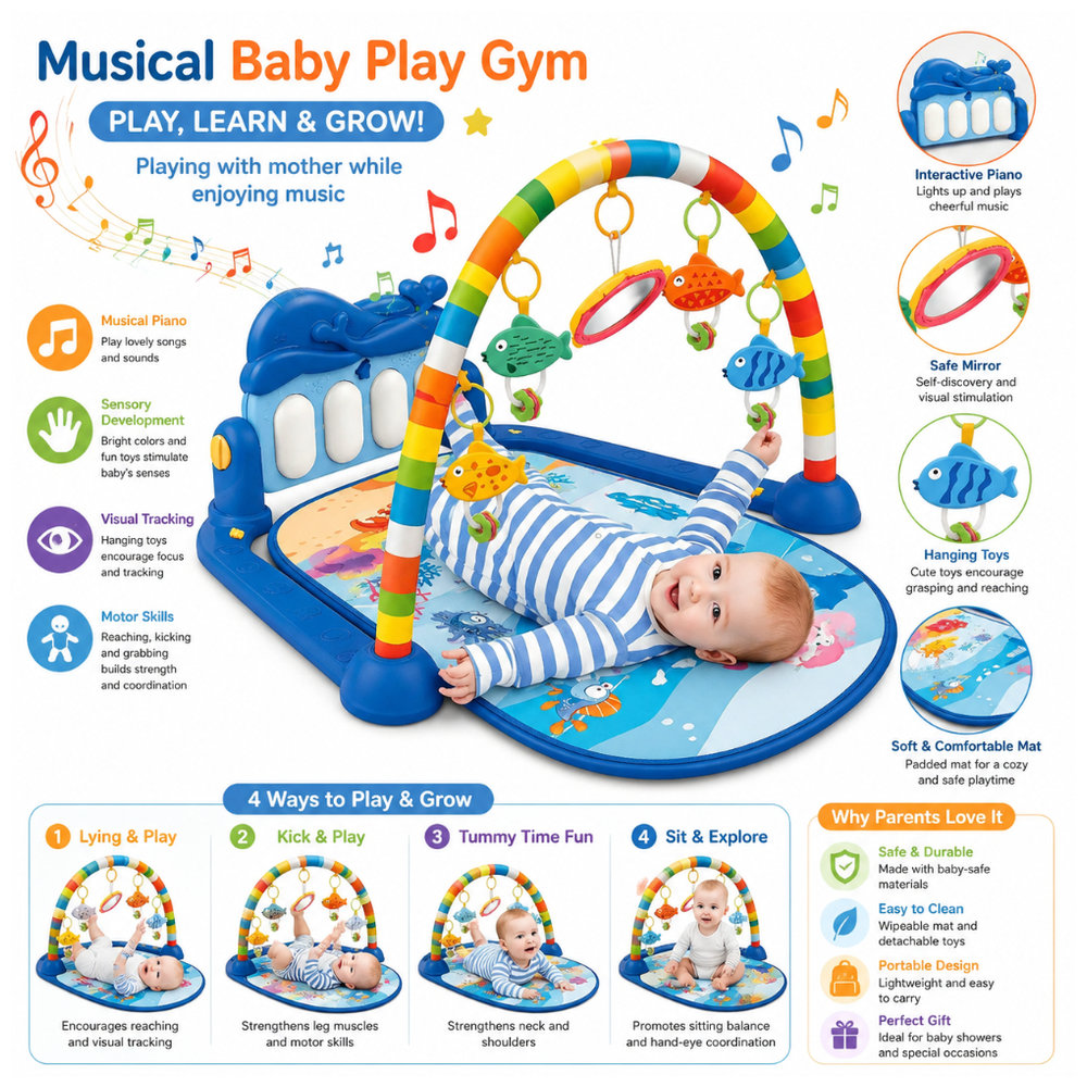 Huanger - Baby Piano Fitness Gym with Playing Toys - Blue