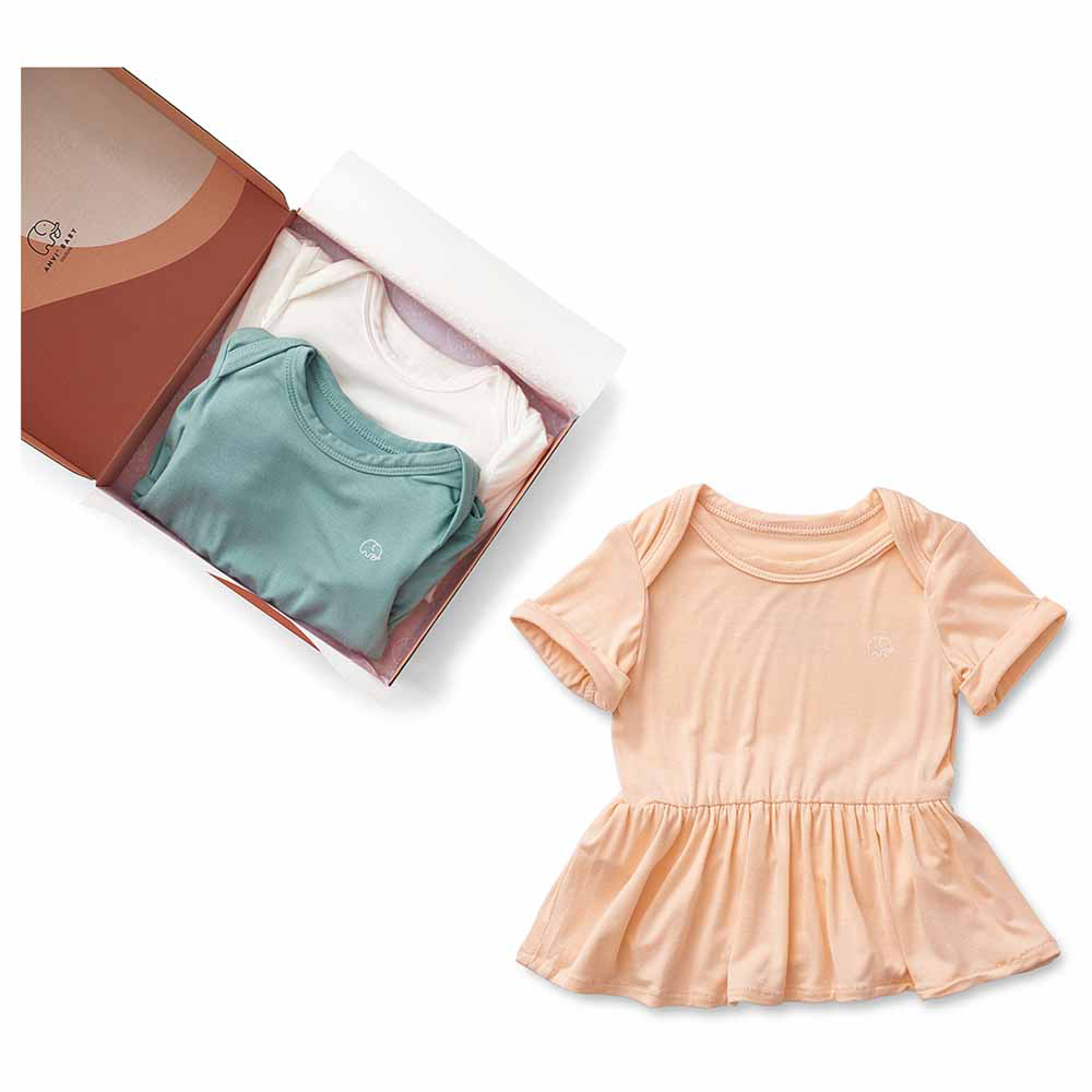 Anvi Baby Organic Bamboo Spandex Onesie Dress - Peach - 3 Pcs
