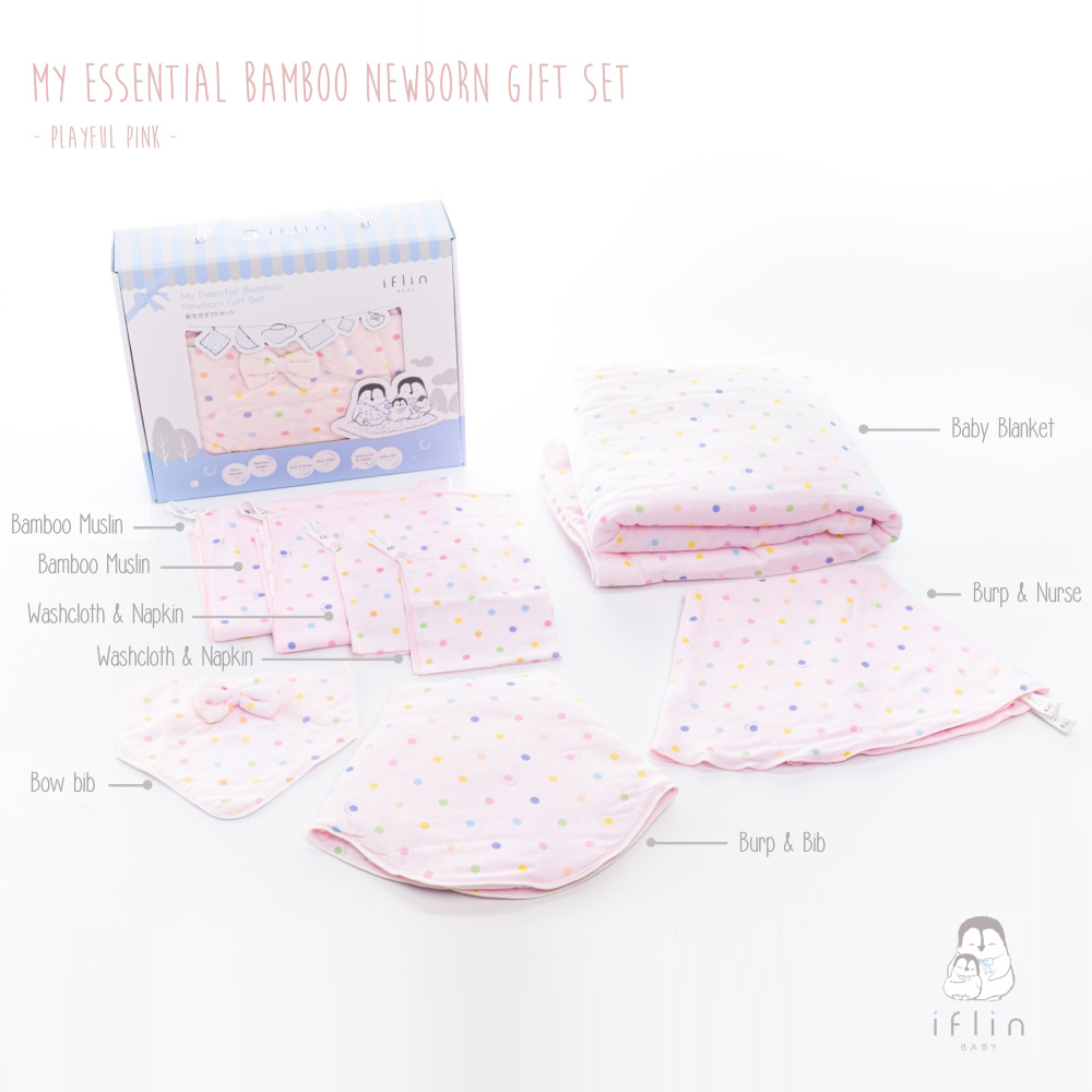 Iflin Baby - My Essential Bamboo Newborn Gift Set - Playful Pink - 8pcs