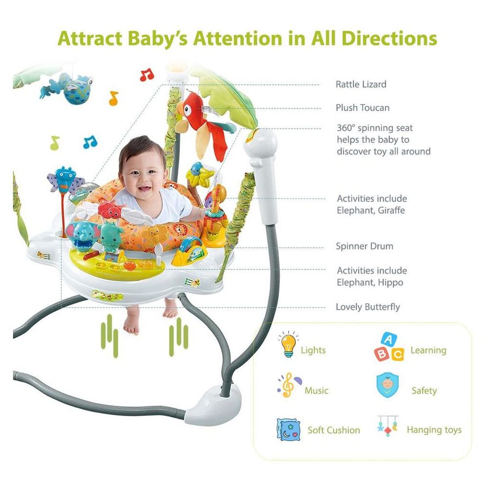 Little Learners - Jungle Jumperoo - 360° Rotating Activity Centre with Lights & Sounds