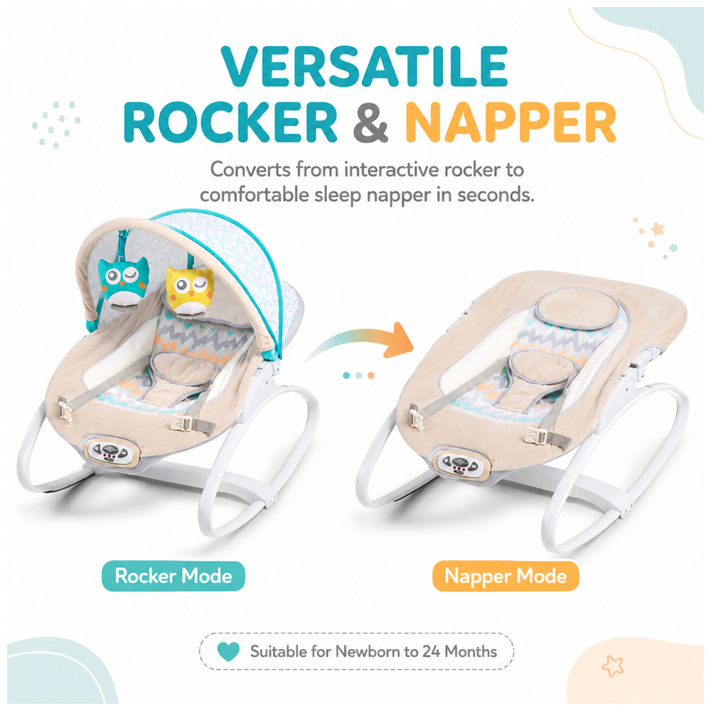 Little Learners - Cozy Rocker & Napper with Soothing Vibrations | 2-in-1 Newborn Baby Bouncer & Sleep Seat with Music | Foldable Canopy