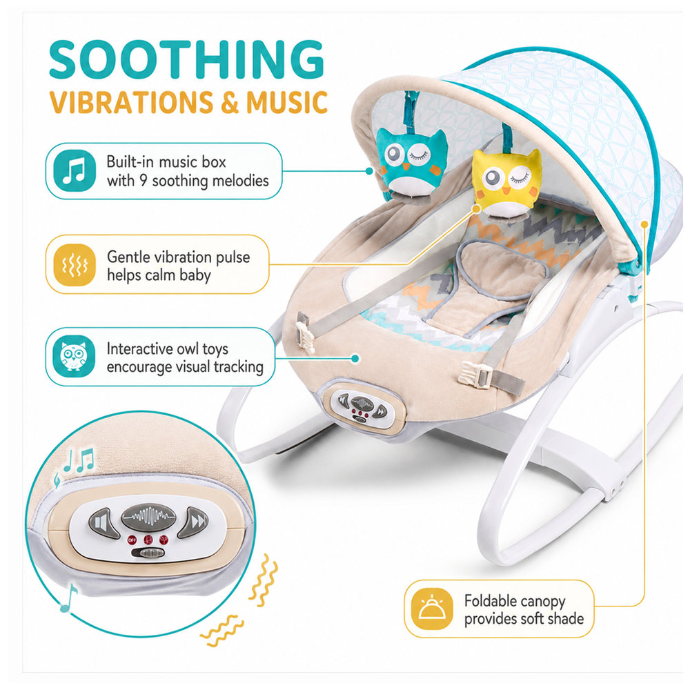 Little Learners - Cozy Rocker & Napper with Soothing Vibrations | 2-in-1 Newborn Baby Bouncer & Sleep Seat with Music | Foldable Canopy