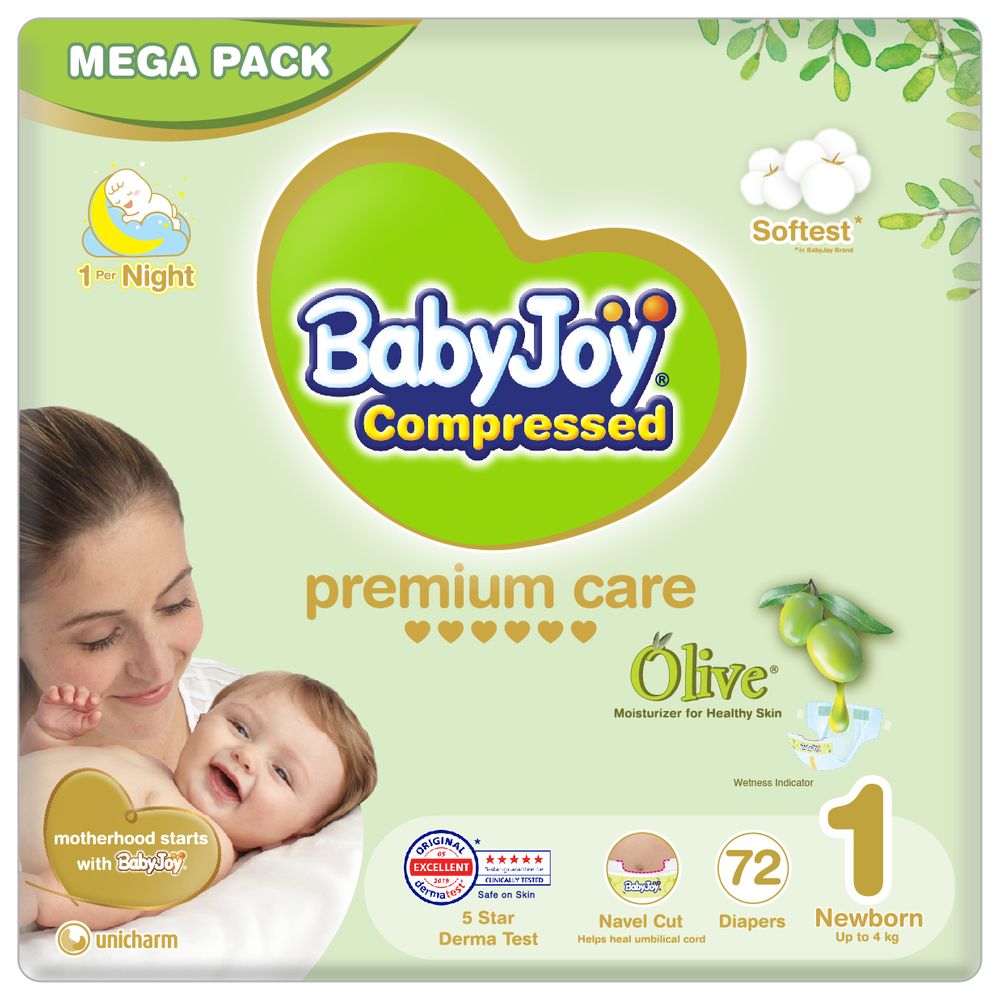 BabyJoy - Olive Tape Diaper, Size 1, Newborn, 0-4 kg, Mega Pack - 72 Pcs