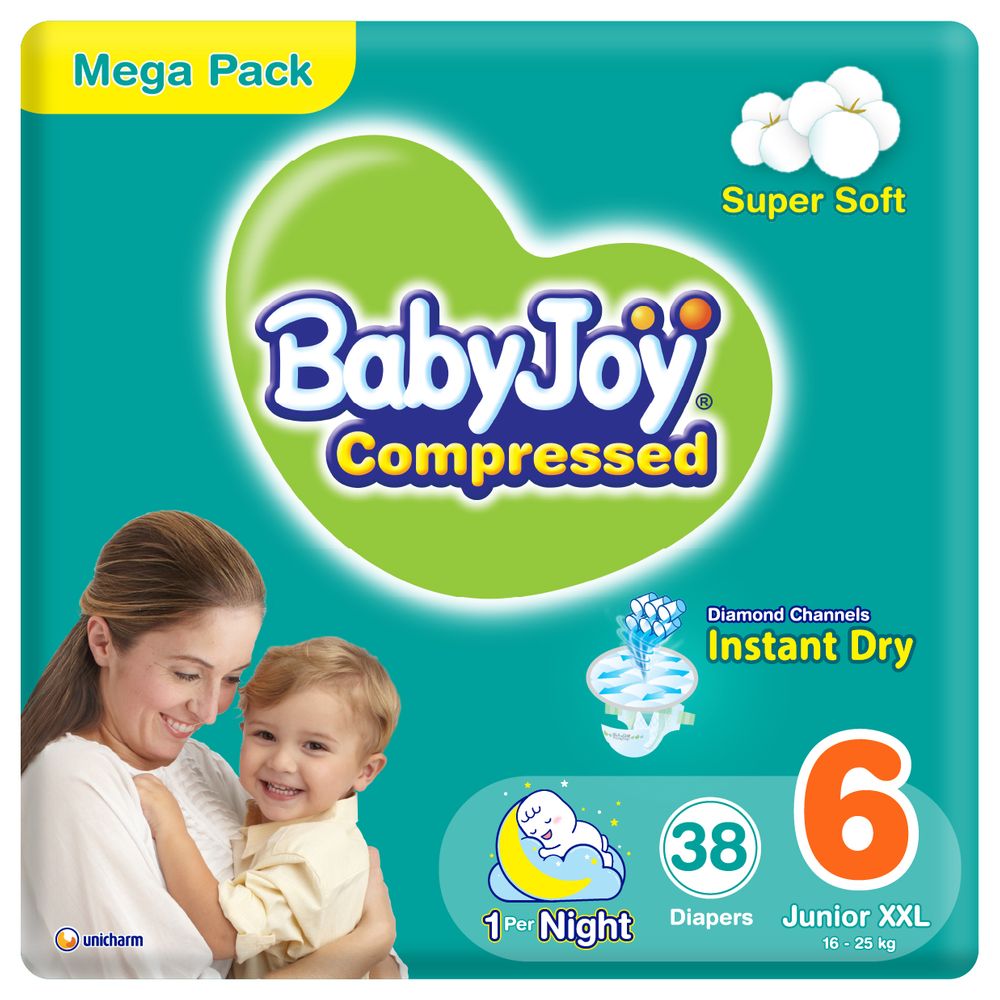 BabyJoy - Compressed Diamond Pad Diaper, Size 6, Junior XXL, 16-25 kg, Mega Pack - 38 Pcs