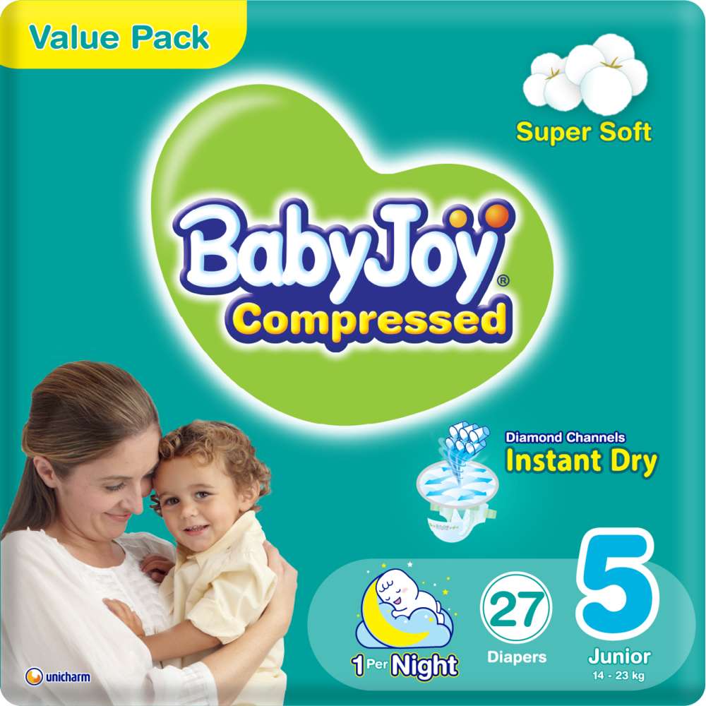 BabyJoy - Compressed Diaper, Size 5 Junior XL, Value Pack, 14 - 23, Count 27