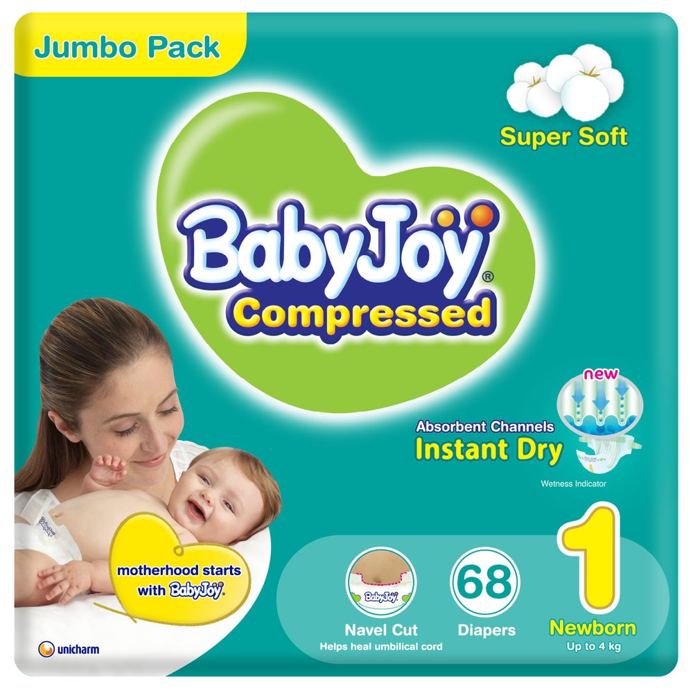 BabyJoy - 2X Compressed Diamond Pad Diaper, Size 1, Newborn, 0-4 kg, Jumbo Pack - 68 Pcs