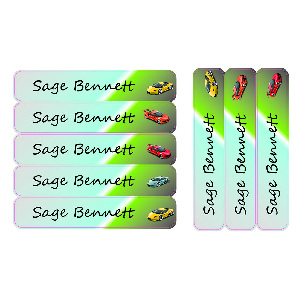 Ladybug Labels - Personalized Waterproof Large Labels - Racing Cars - 30pcs
