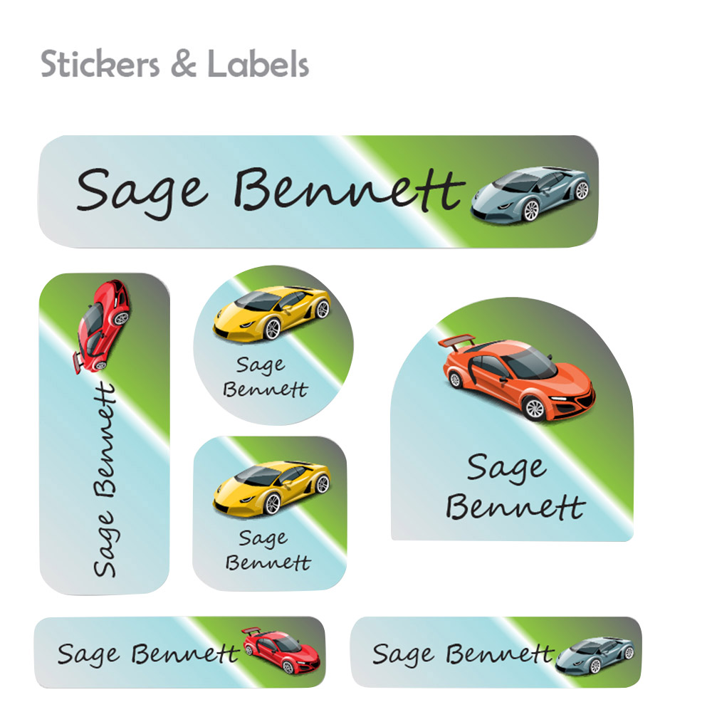 Ladybug Labels - Personalized Waterproof Labels - Racing Cars - 111pcs
