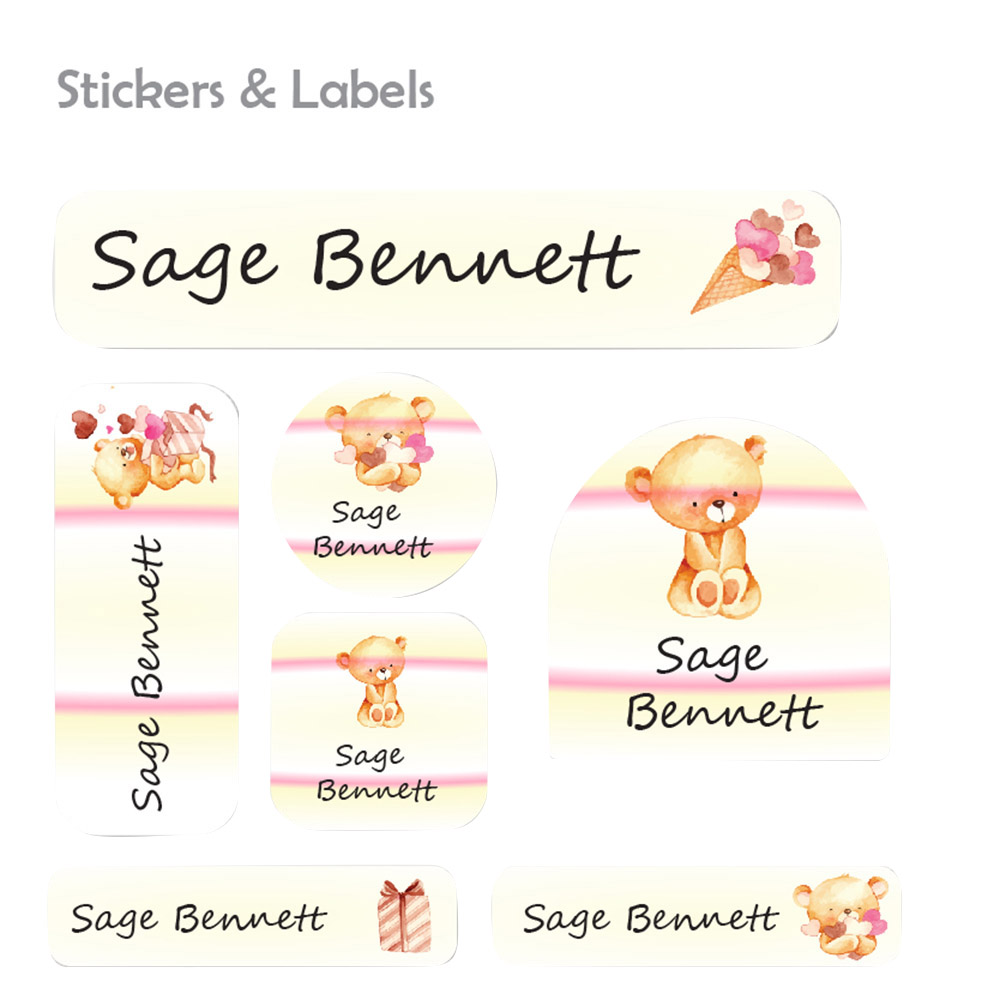 Ladybug Labels - Personalized Waterproof Labels - Teddy Bear - 111pcs