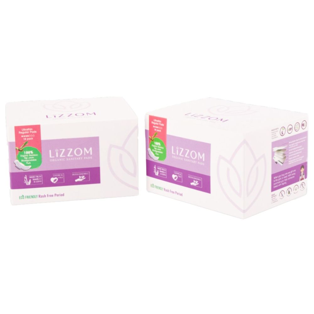 Lizzom Organic Ultrathin With Wings 20 Regular Pads x2, Saver Pack of 2 (Biodegradable)