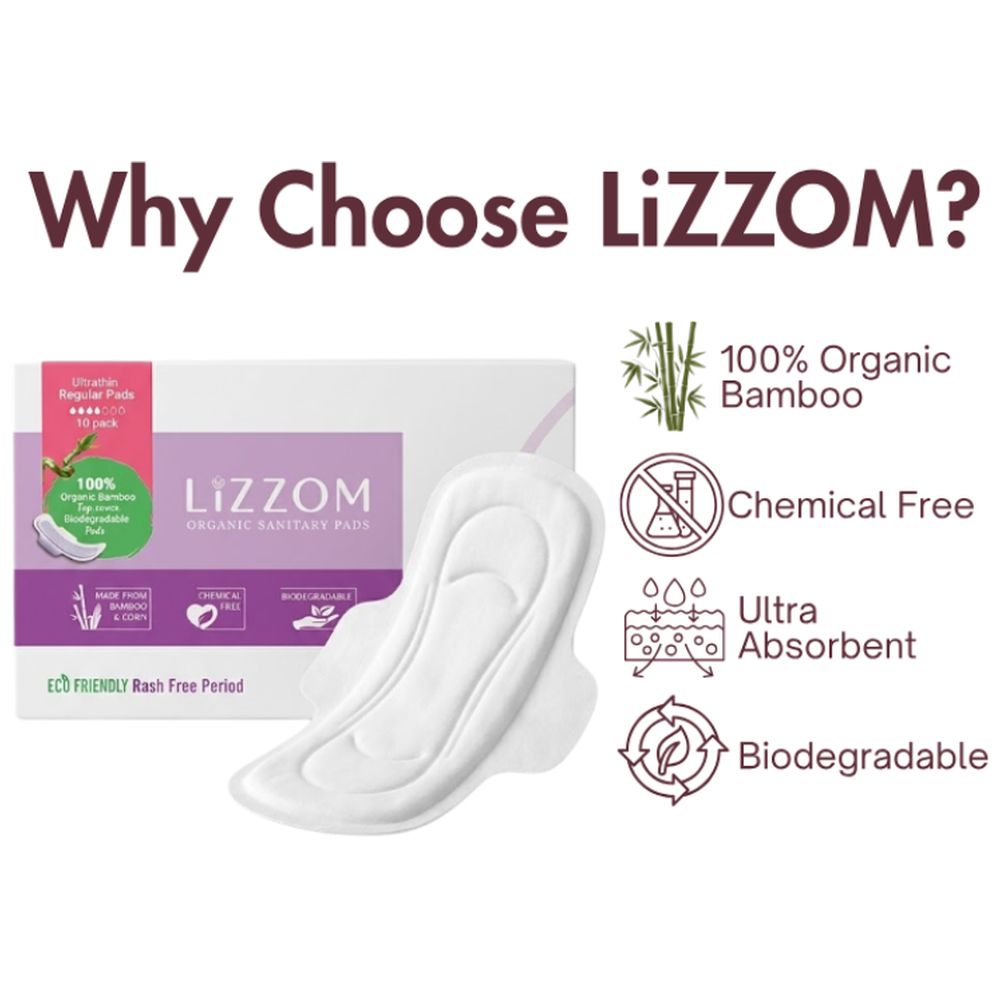 Lizzom Organic Ultrathin With Wings 20 Regular Pads x2, Saver Pack of 2 (Biodegradable)