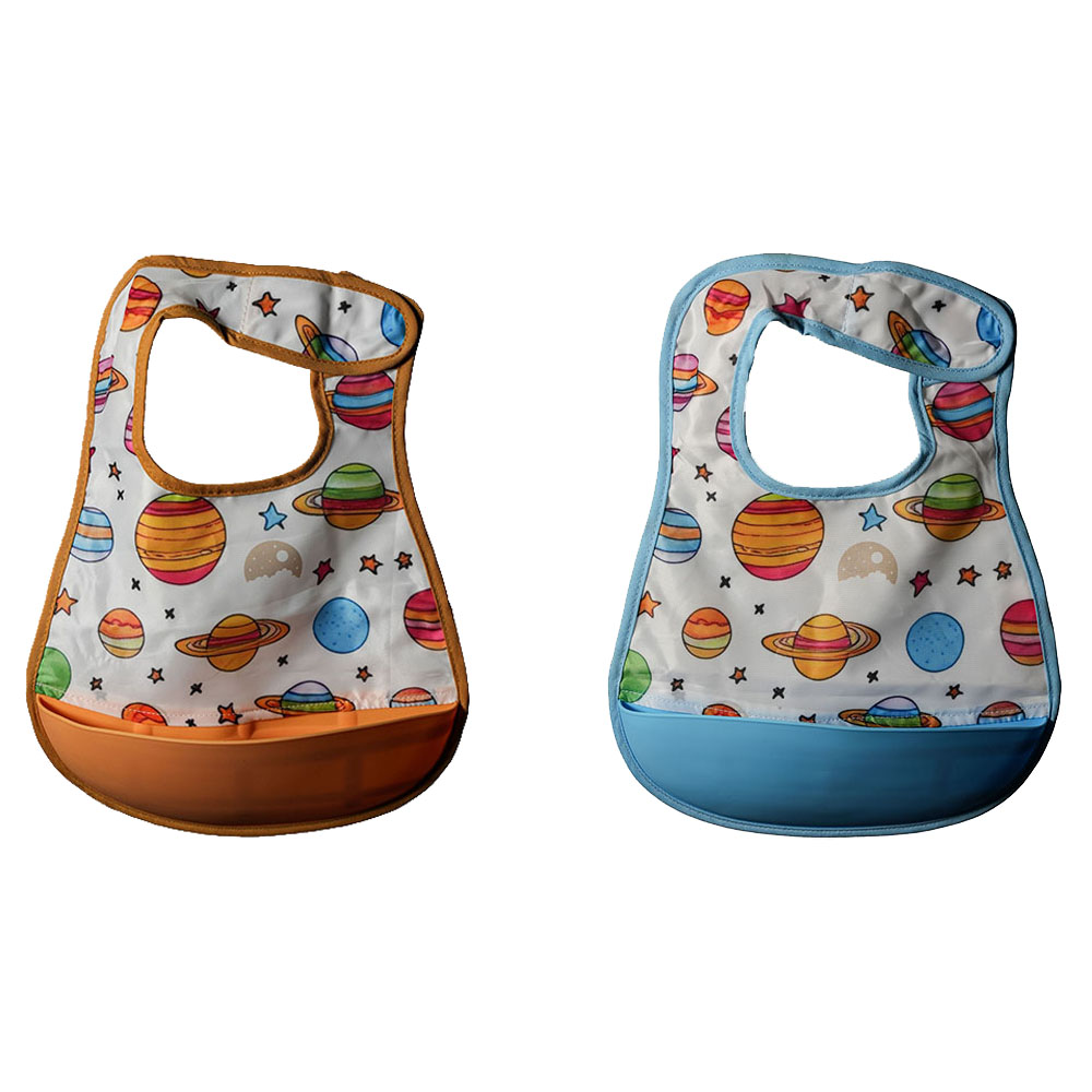 Little Moon Silicon Pocket Bib - Blue/Orange - 2 Pcs