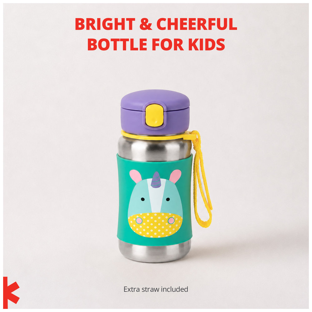 Skip Hop - Zoo Steel Straw Bottle, Kids Water Bottle - Unicorn, 350 mL