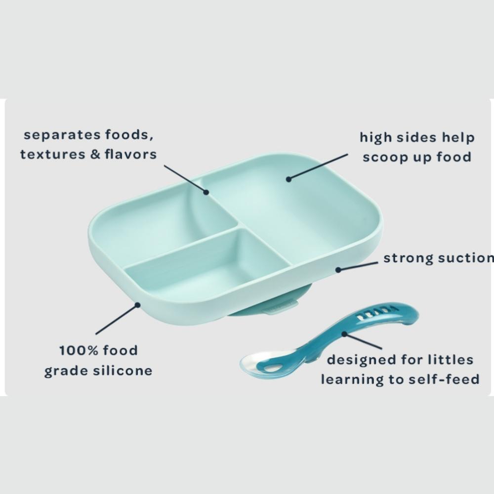 Beaba Silicone Suction Divided Plate With Spoon - Blue