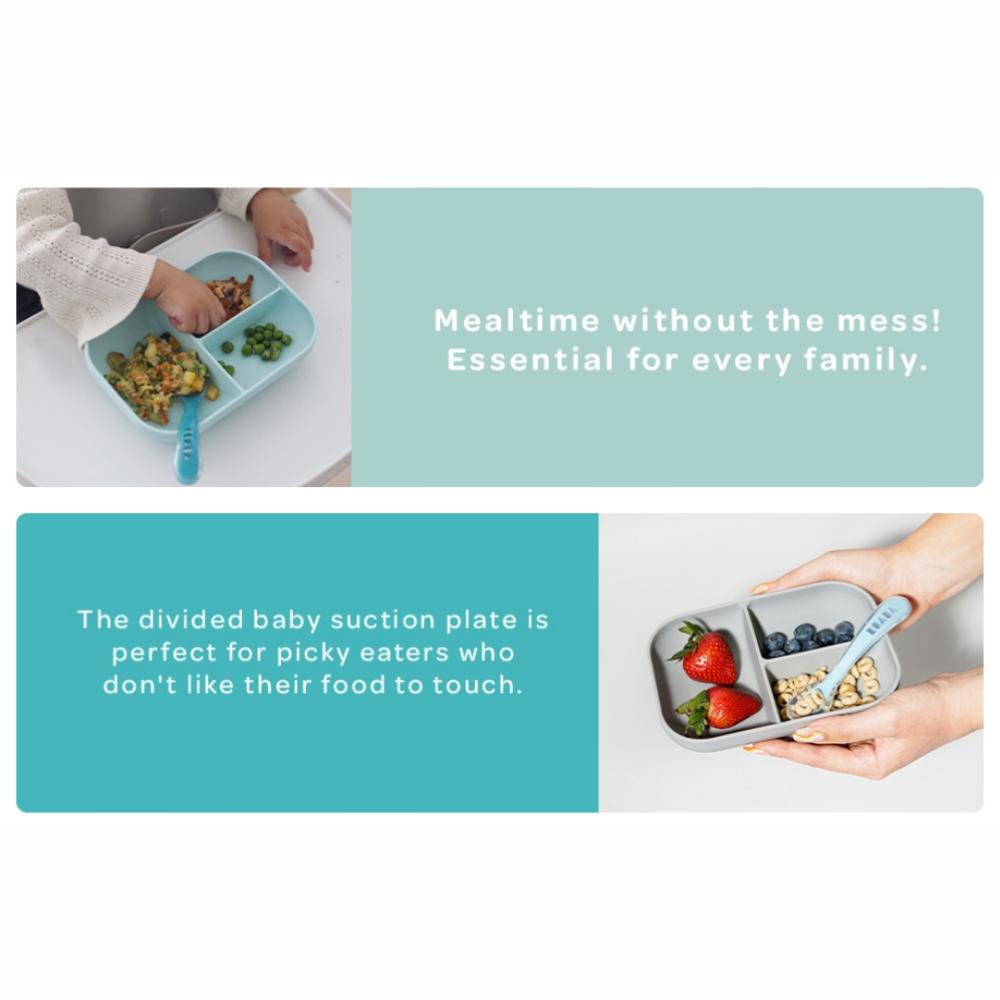 Beaba Silicone Suction Divided Plate With Spoon - Blue