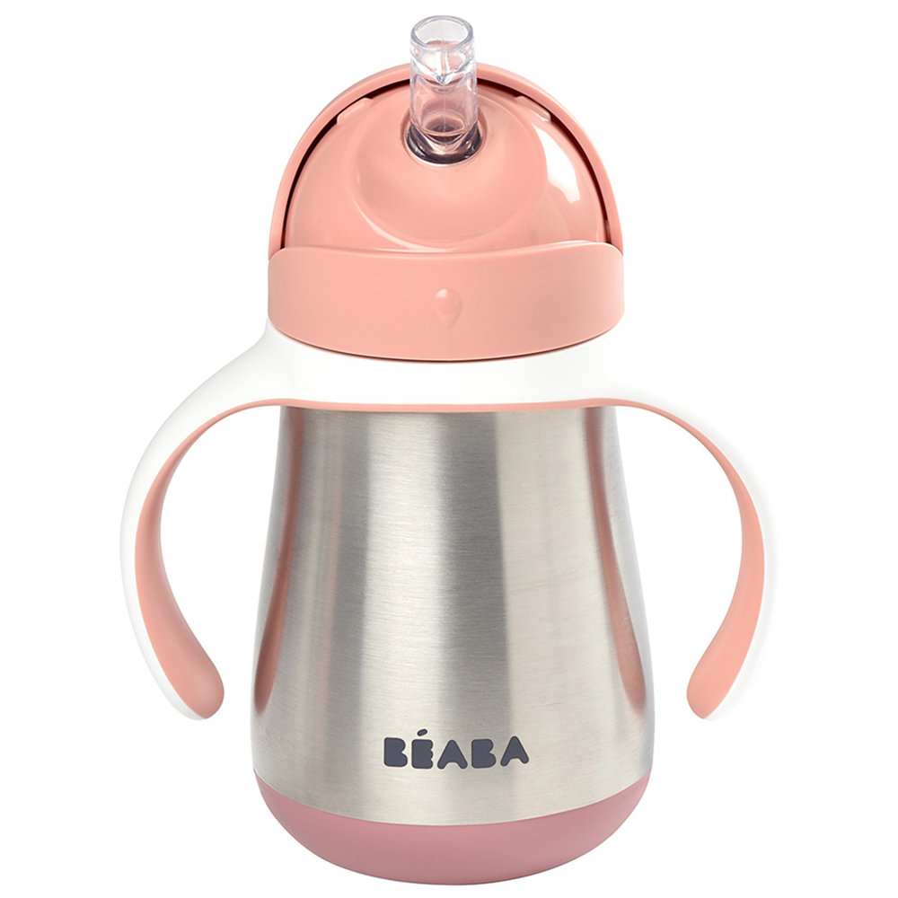 BEABA - Stainless Steel Straw Cup for Toddlers, Leak-Proof - Old Pink