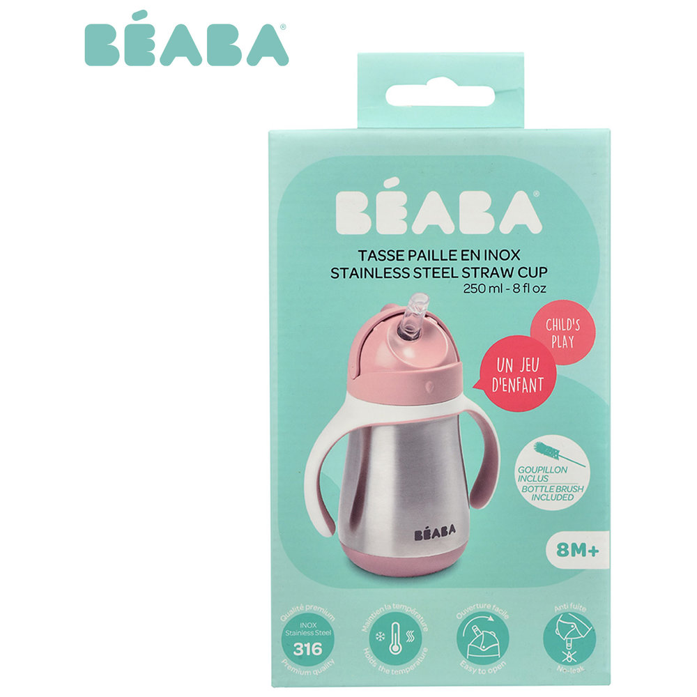 BEABA - Stainless Steel Straw Cup for Toddlers, Leak-Proof - Old Pink