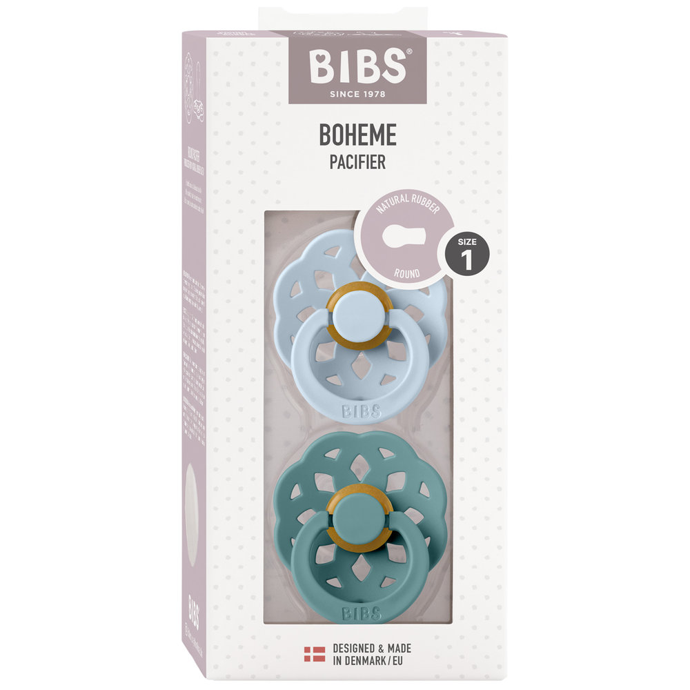 Bibs - Boheme Colour Latex Baby Pacifier 0-6 Months, Size 1, Pack of 2 - Baby Blue/Island Sea