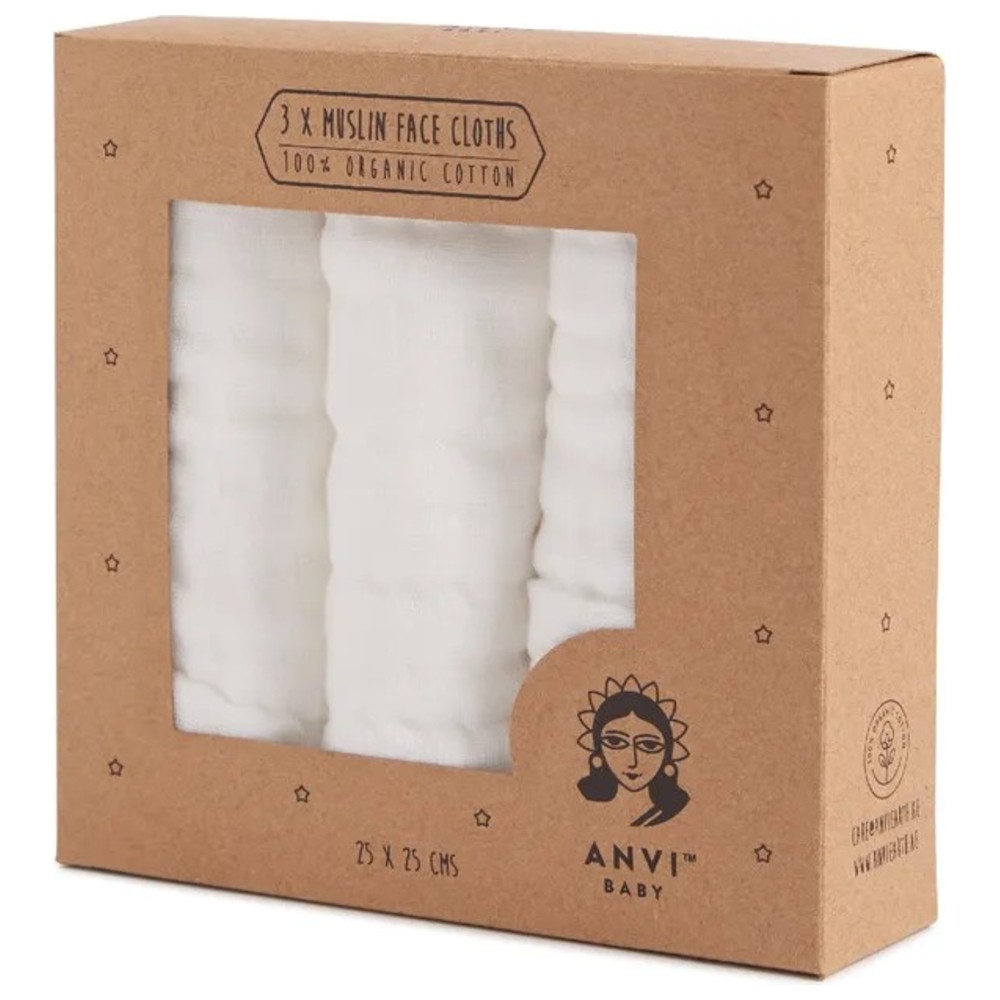 Anvi Baby - 100% Organic Cotton Muslin Face Cloth - White - 3 Pc Set