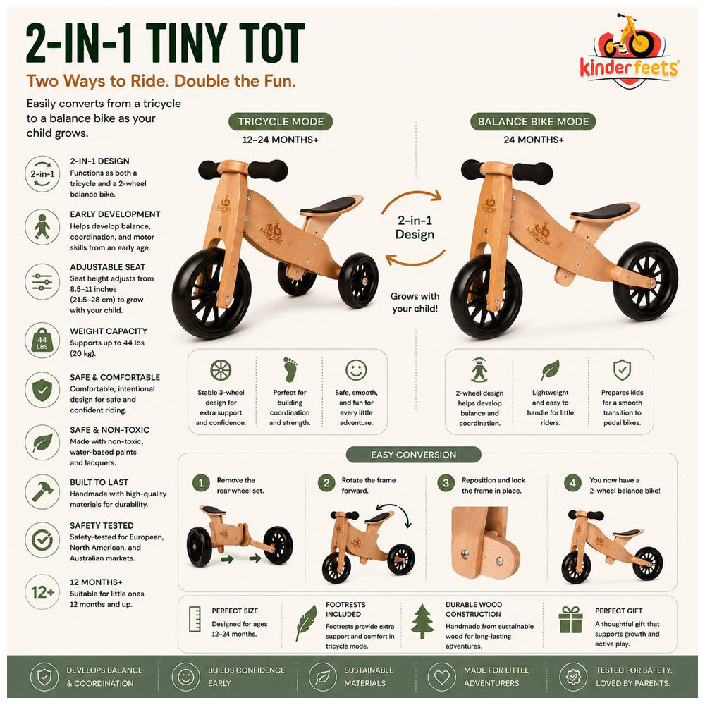 Kinderfeets - 2-in-1 Tiny Tot Tricycle & Balance Bike - Sage