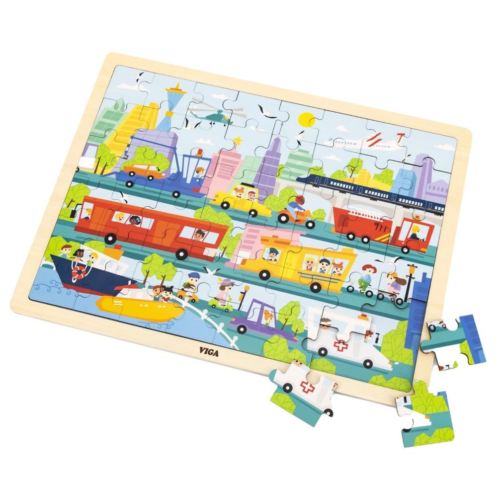 Viga - City Transportation Jigsaw Puzzle - 48pcs - Montessori Wooden Toy
