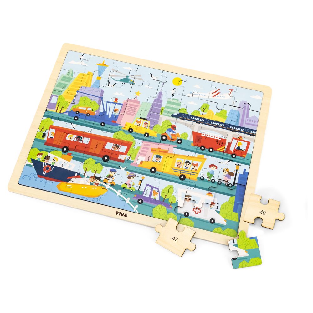 Viga - City Transportation Jigsaw Puzzle - 48pcs - Montessori Wooden Toy