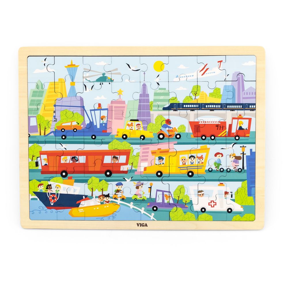 Viga - City Transportation Jigsaw Puzzle - 48pcs - Montessori Wooden Toy