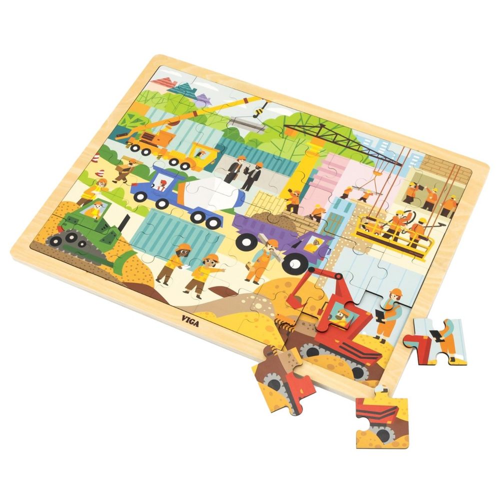Viga - Construction Area Jigsaw Puzzle - 48pcs Montessori Wooden Educational Toy