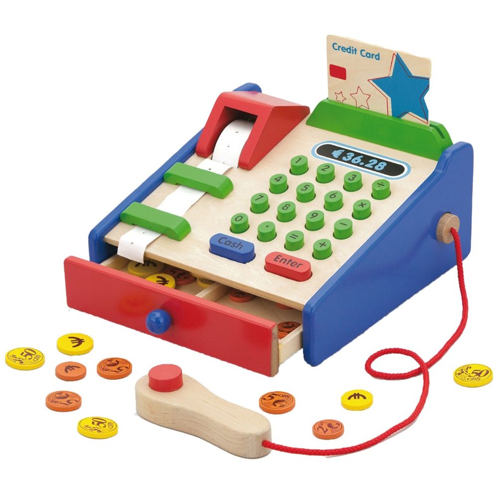 Viga - Wooden Cash Register Pretend Play Toy - Scanner Credit Card Coins