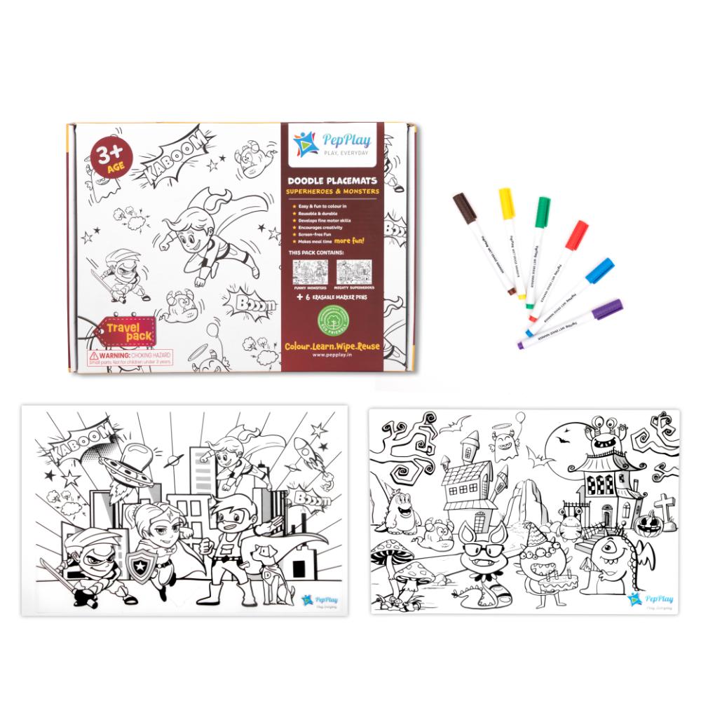 Pepplay - Superheroes & Monster Doodle Placemats - 8 Pcs