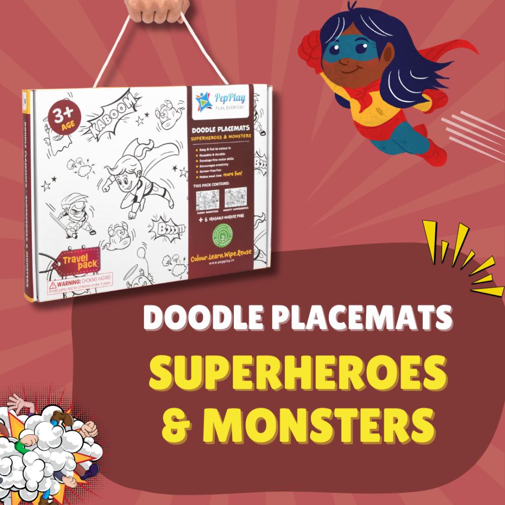 Pepplay - Superheroes & Monster Doodle Placemats - 8 Pcs