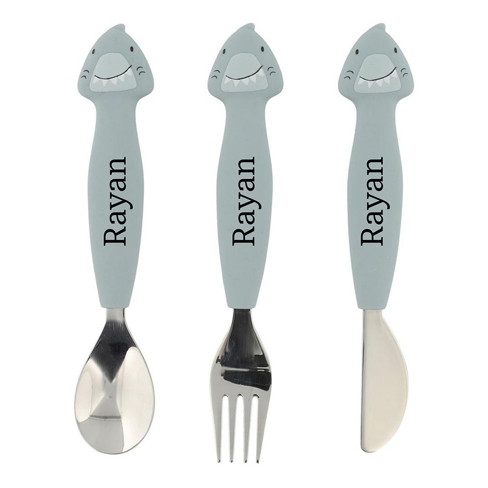 Trixie - Personalized Stainless Steel Cutlery Set With Silicone Handle - Shark - 3 Pc Set