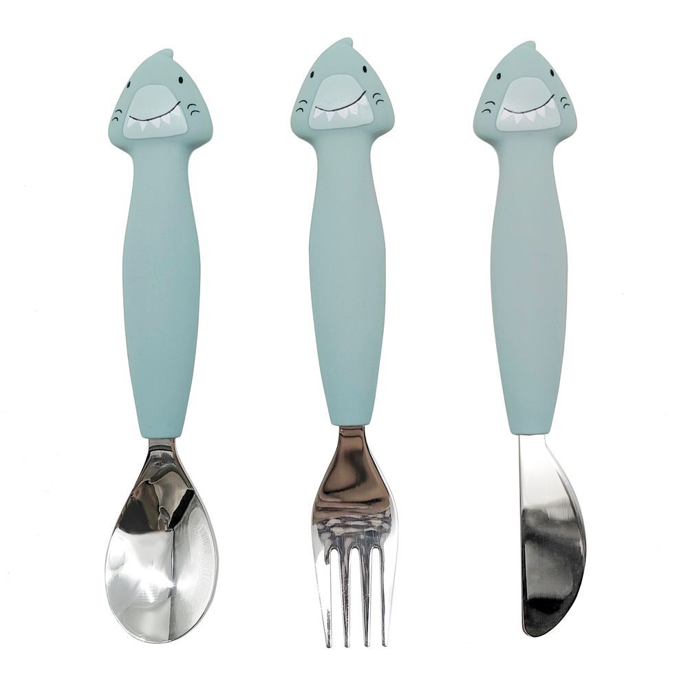 Trixie - Personalized Stainless Steel Cutlery Set With Silicone Handle - Shark - 3 Pc Set