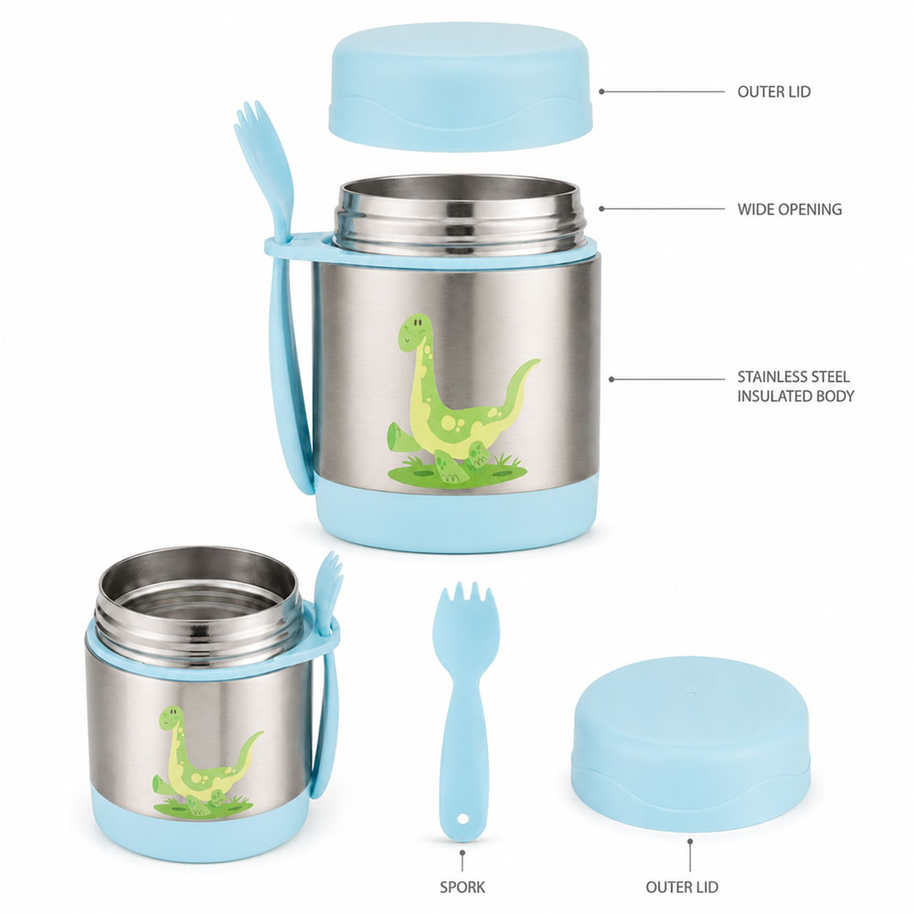 Bonbon - Personalized Stainless Steel Food Jar With Spork - Dino - 300 ml