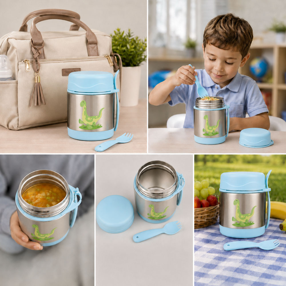 Bonbon - Personalized Stainless Steel Food Jar With Spork - Dino - 300 ml