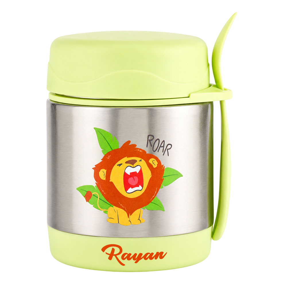 Bonbon - Personalized Stainless Steel Food Jar With Spork - Lion - 300 ml