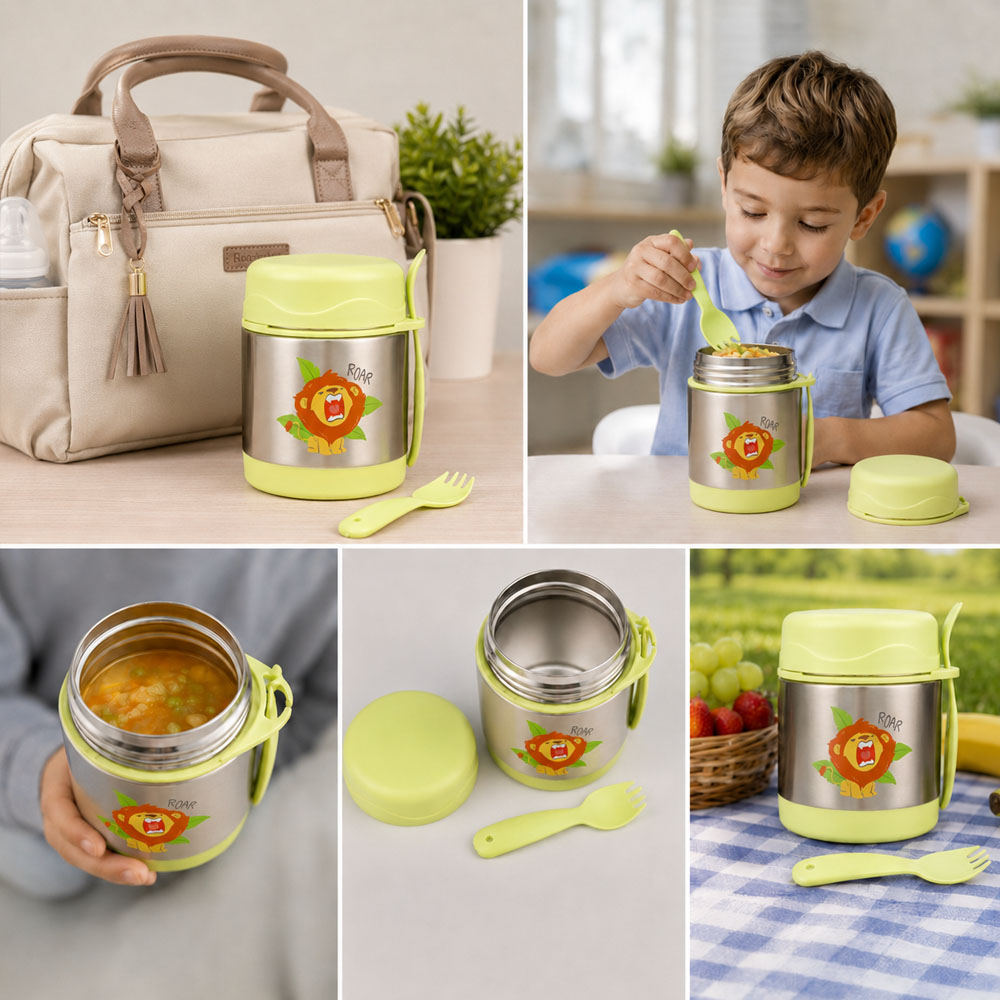 Bonbon - Personalized Stainless Steel Food Jar With Spork - Lion - 300 ml