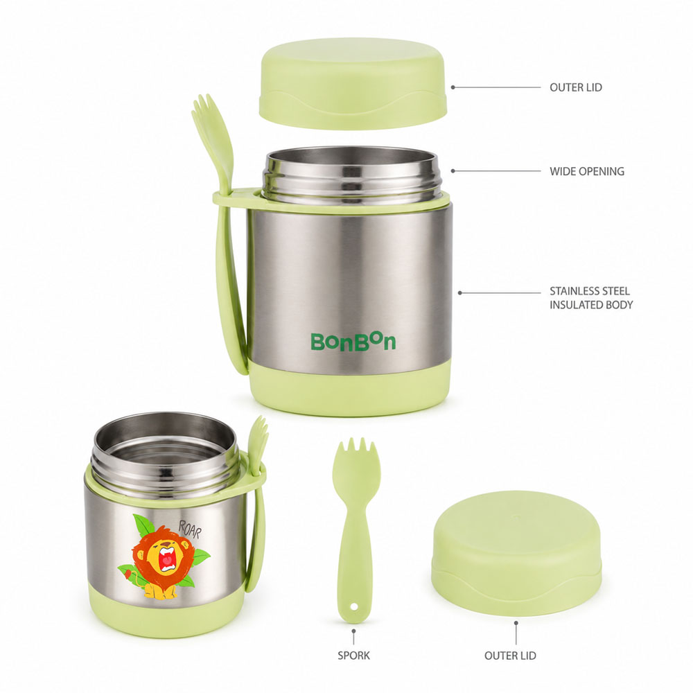 Bonbon - Personalized Stainless Steel Food Jar With Spork - Lion - 300 ml