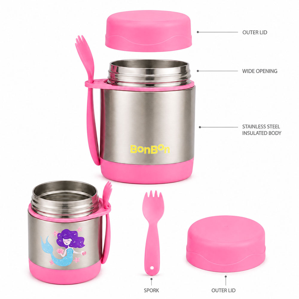 Bonbon - Personalized Stainless Steel Food Jar With Spork - Mermaid - 300 ml
