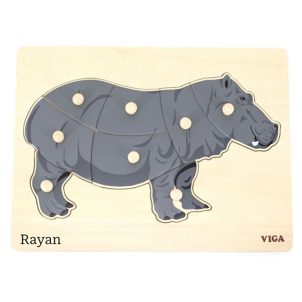 Viga - Personalized Wild Animals Montessori Knob Puzzle - Hippo - 8 Pcs