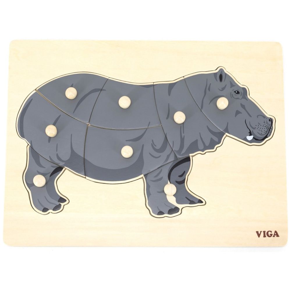 Viga - Personalized Wild Animals Montessori Knob Puzzle - Hippo - 8 Pcs