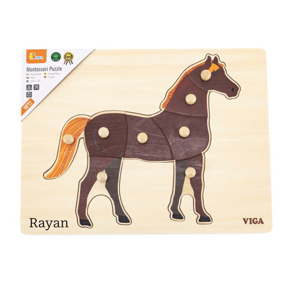 Viga - Personalized Farm Animals Montessori Knob Puzzle - Horse - 8 Pcs