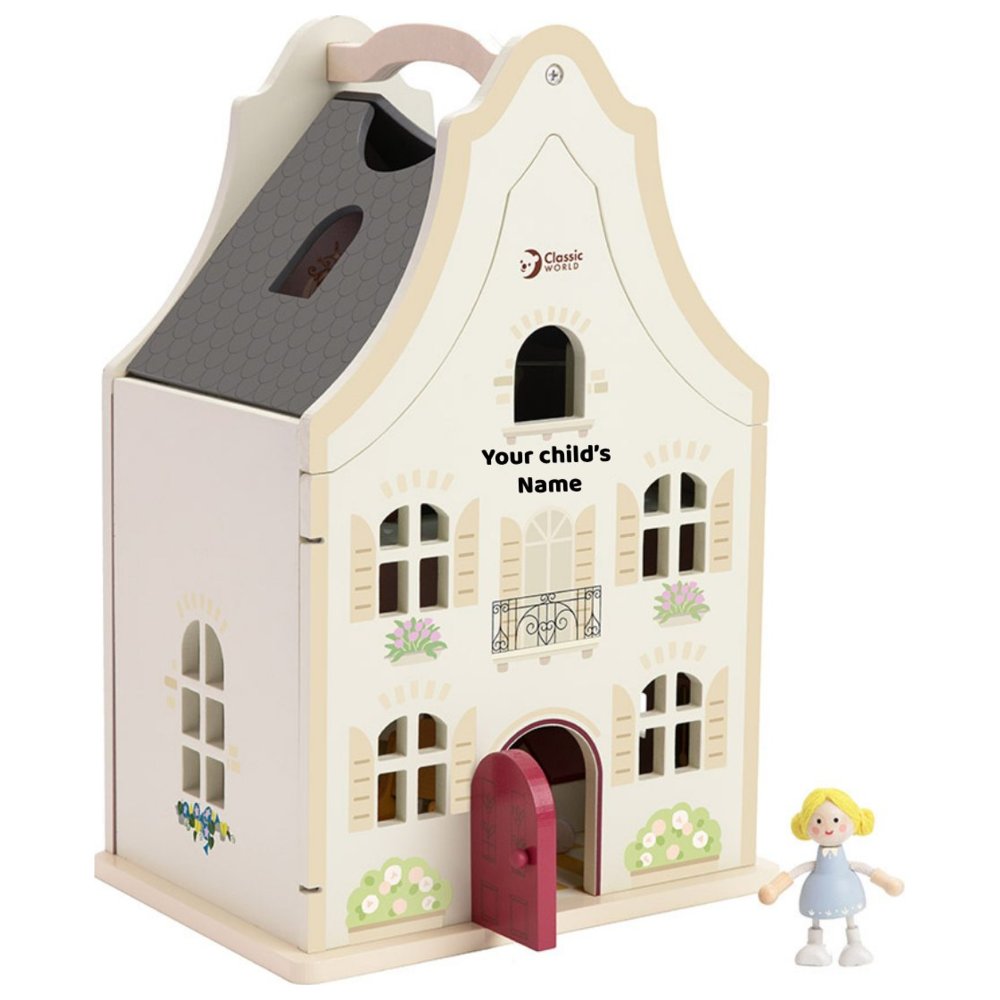 Classic World - Personalized French-Inspired 2-Story Wooden Cozy Dollhouse - 24 Pc Set