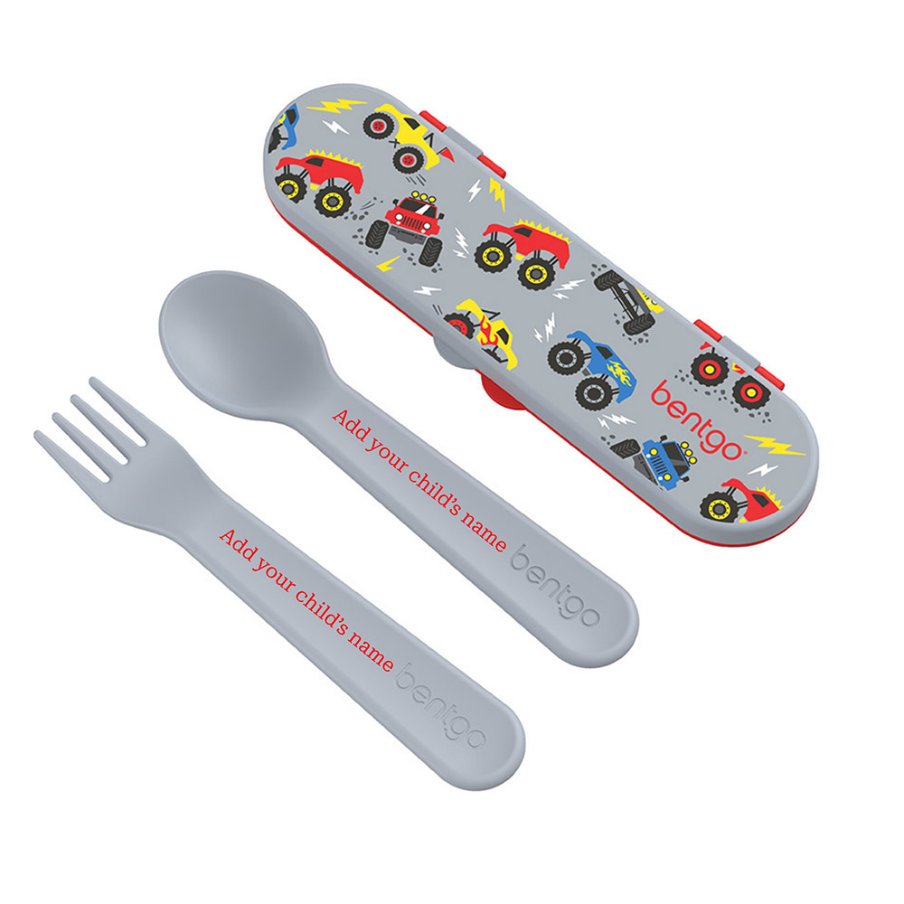 Bentgo - Personalized Kids Fork And Spoon With Storage Case - Trucks - 3 Pc Set