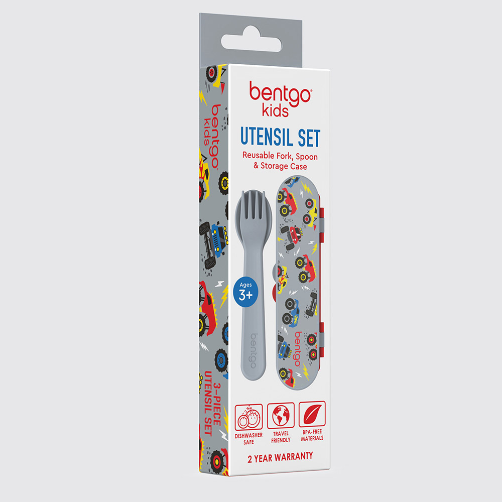 Bentgo - Personalized Kids Fork And Spoon With Storage Case - Trucks - 3 Pc Set