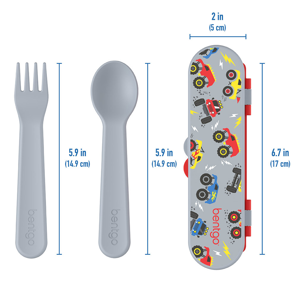 Bentgo - Personalized Kids Fork And Spoon With Storage Case - Trucks - 3 Pc Set